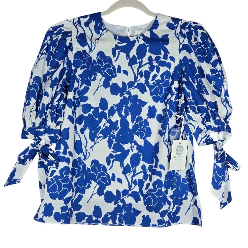 Hyacinth‎ House Fiona Blouse XSmall NEW Blue White Floral Puff Sleeve Tuckernuck